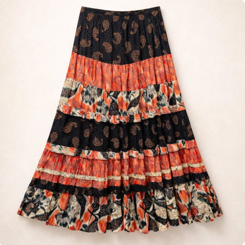 Vintage Boho Chic Tiered Patchwork Maxi Skirt | Size‎ 14